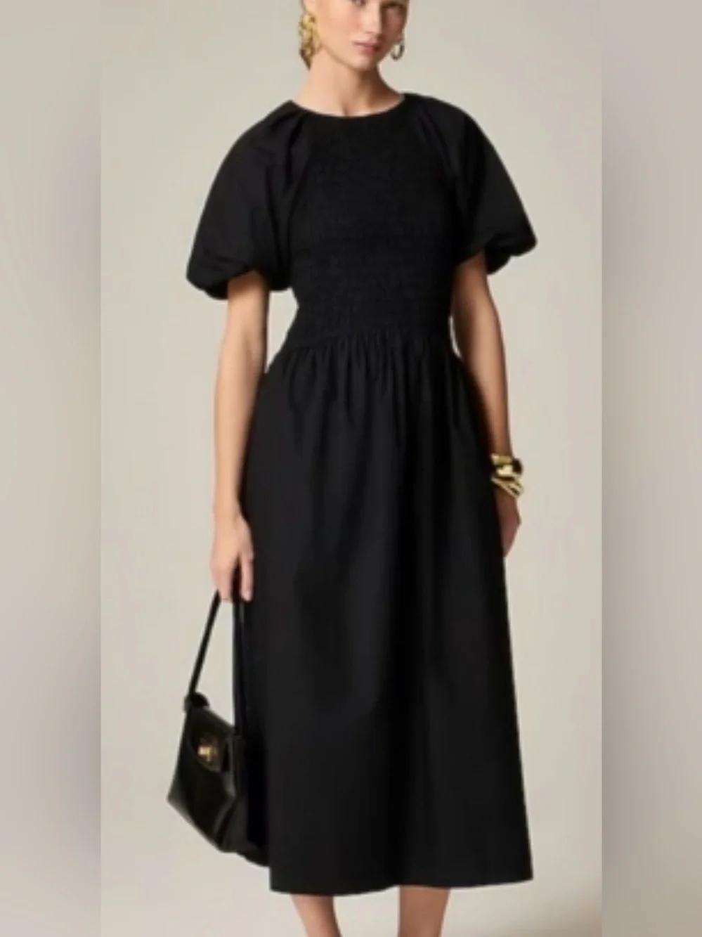 J Crew Dress Black M Smocked 2025 100% Cotton Poplin Midi Maxi Modest
